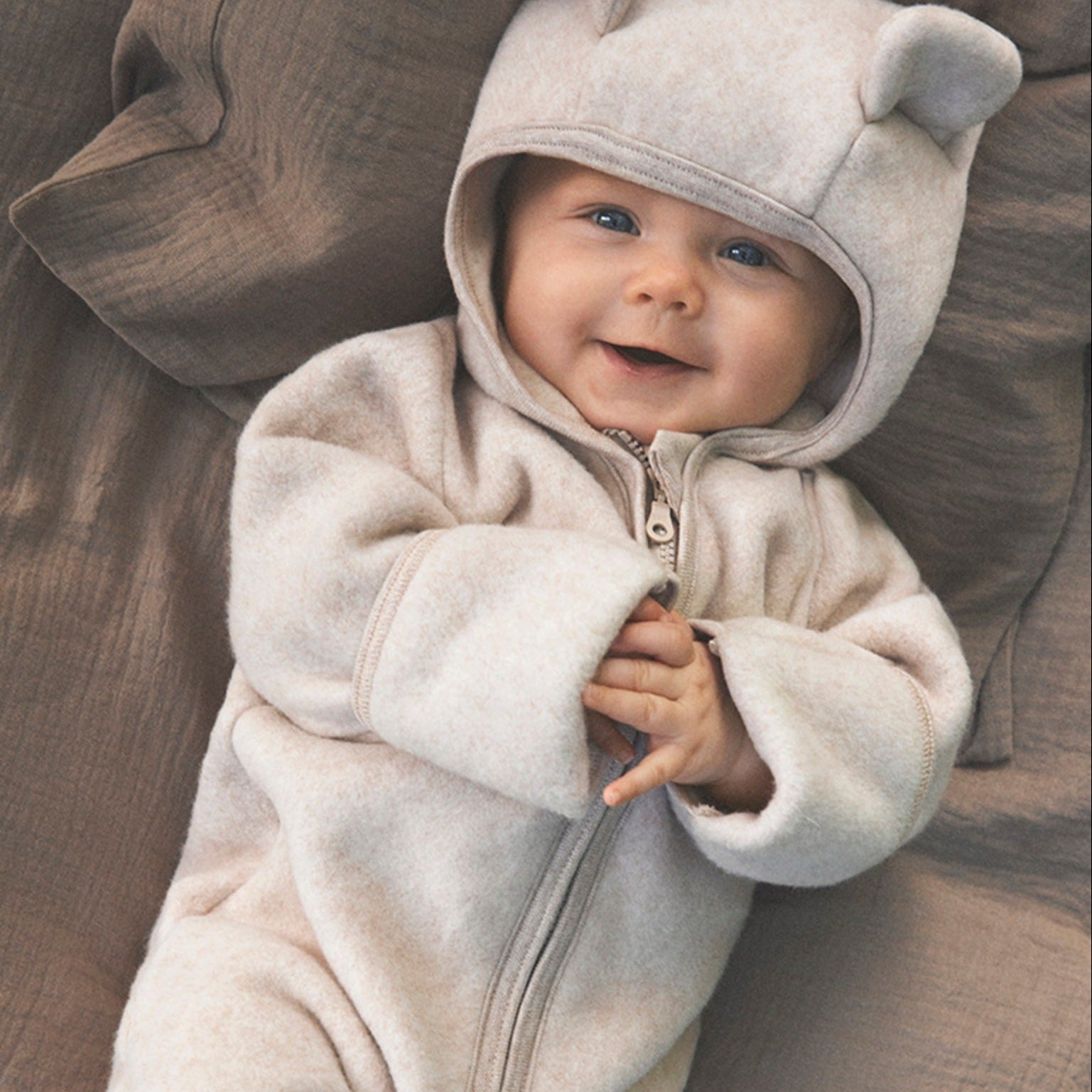 Baby jumpsuit cotton fleece Huttelihut - Camel melange