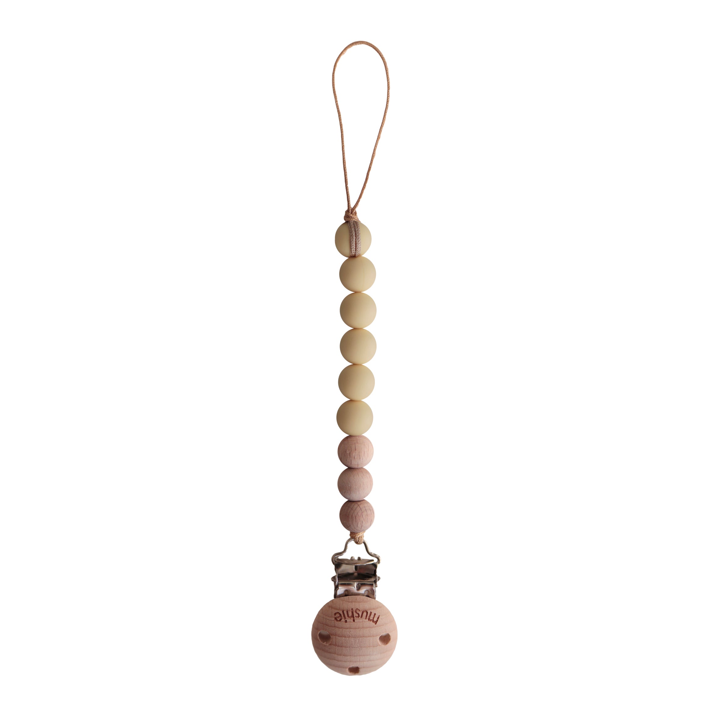 Fopspeenketting Mushie - mutted yellow/wood