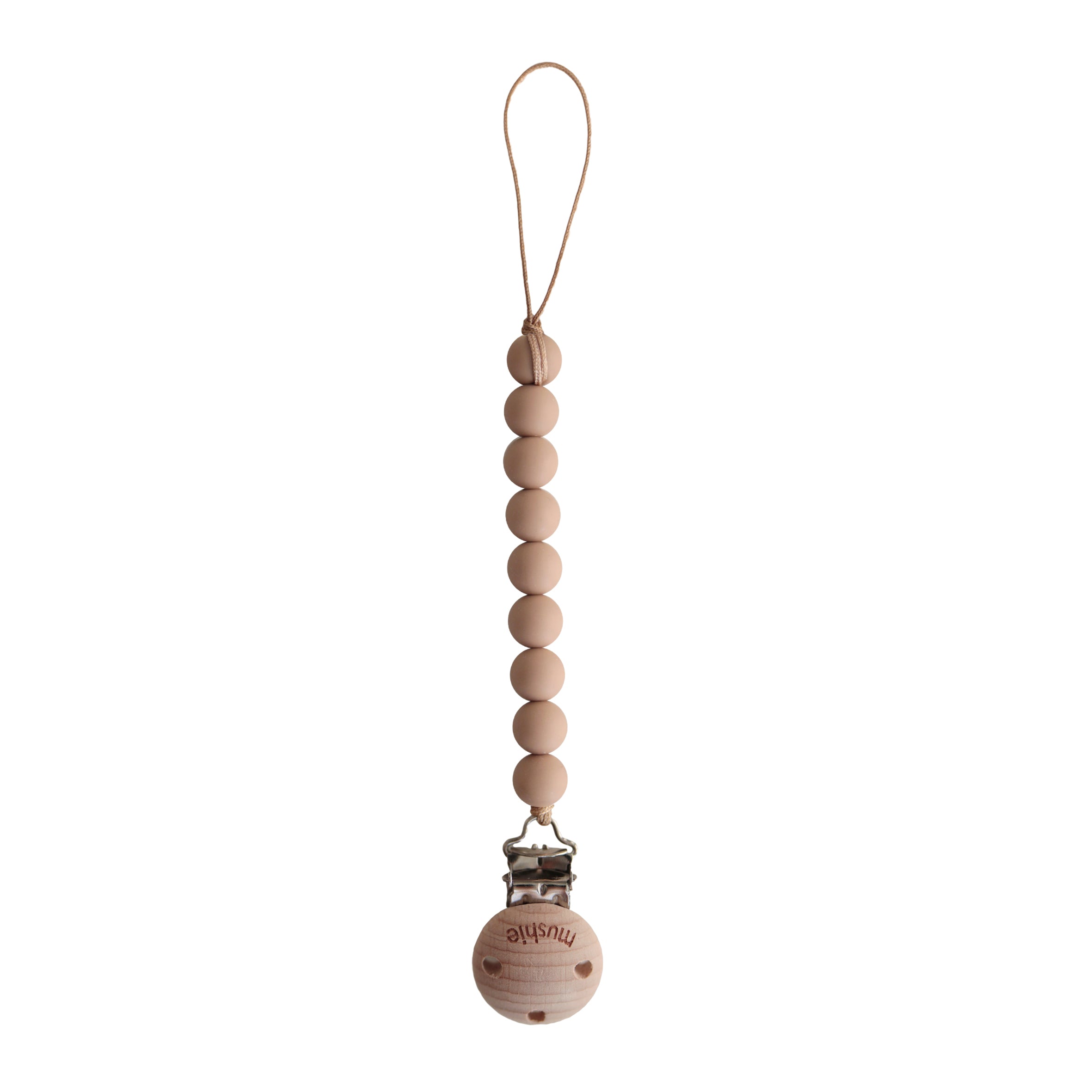 Fopspeenketting Mushie - pale taupe/wood